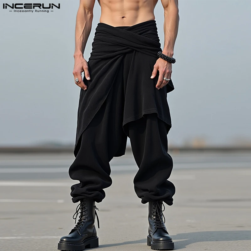 INCERUN 남성용 불규칙 바지 솔리드 컬러 신축성 있는 허리 조거 팬츠 남성용 루즈 스트리트웨어 2025 패션 플리츠 캐주얼 바지