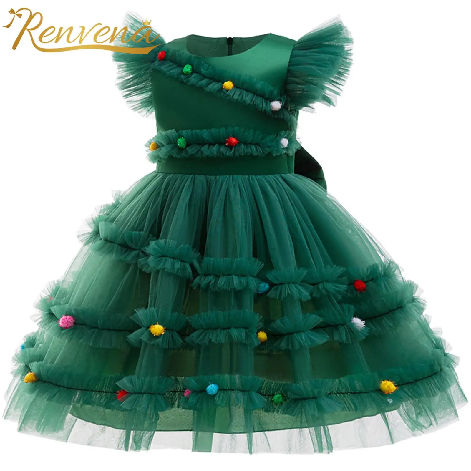 Girls Christmas Tree New Year Dress Flying Sleeve Tutu Dress Bow Knot Colorful Pompoms Mesh Dress Holiday 2025 Xmas Party Dress