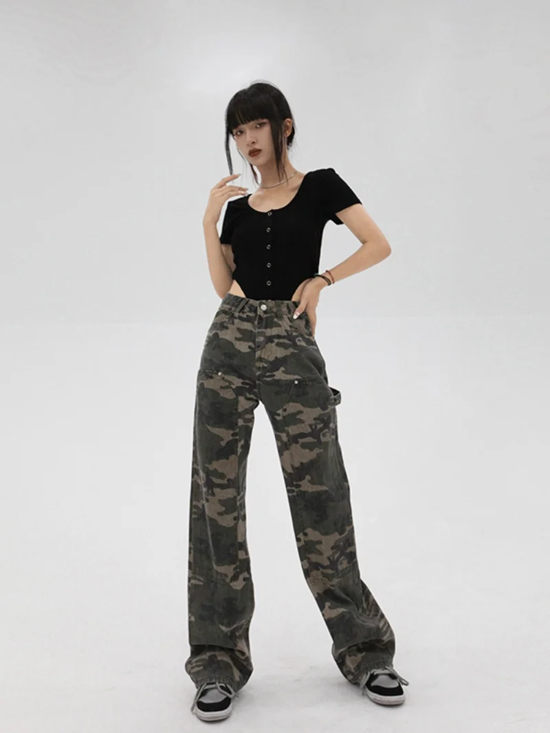 Y2K Vrouwen Camouflage Jeans Militaire Groene Rechte Pijpen Broek Zomer Afslanken Casual Broek High Street Fashion Streetwear