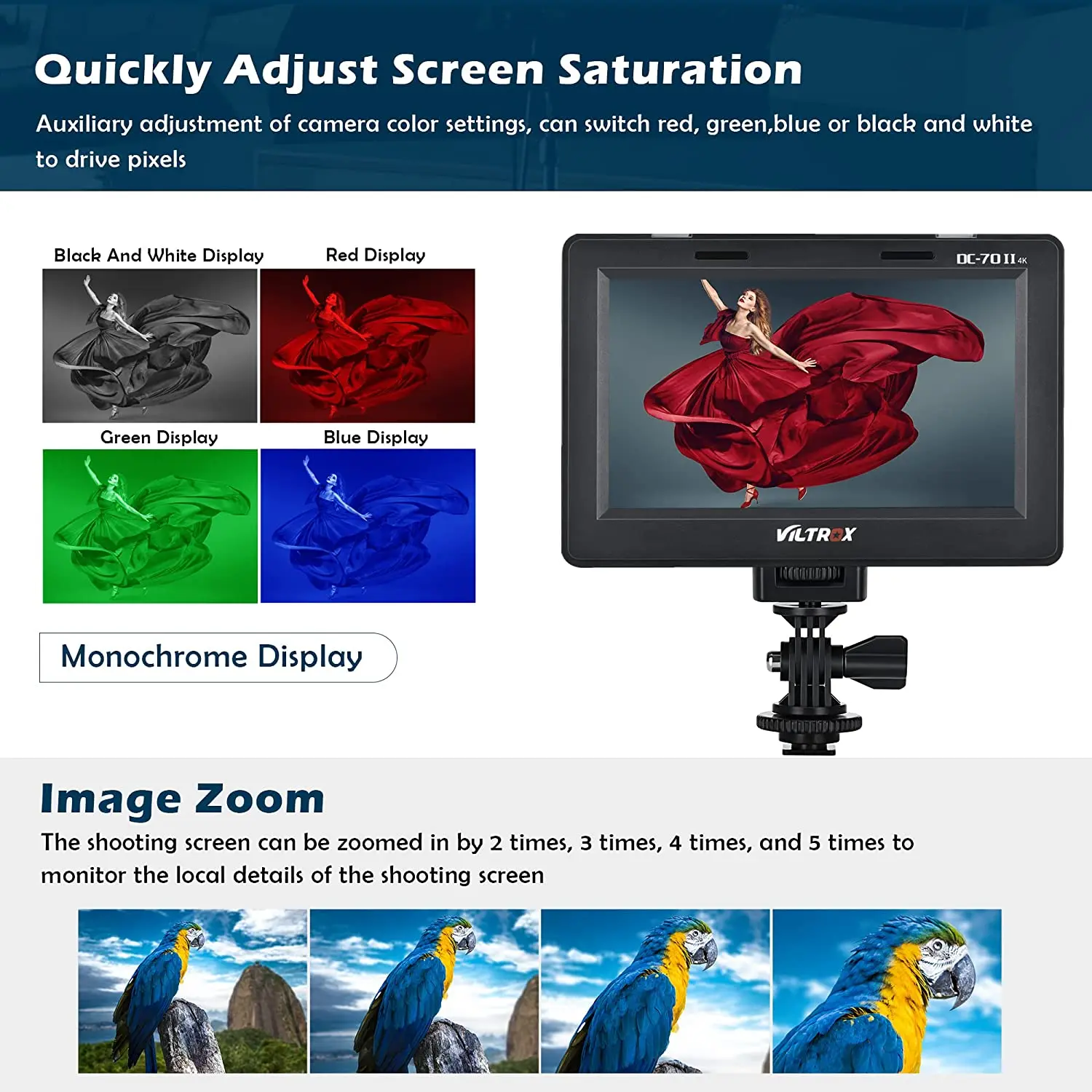 Imagem -03 - Viltrox Dc70 ii Polegada Monitor de Vídeo da Câmera Display Lcd Assistência de Vídeo 4k Hdmi-compatível hd av Entrada com Bateria para Câmera