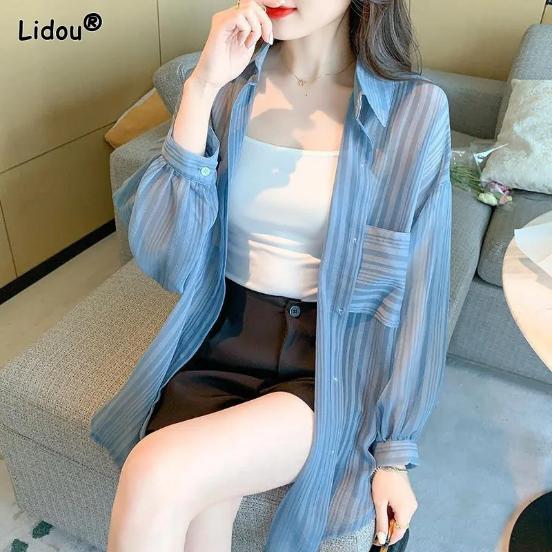 

Korean Turn-down Collar Striped Chiffon Women's Clothing Bright Line Decoration Lantern Sleeve Open Stitch Shirt Single Breasted