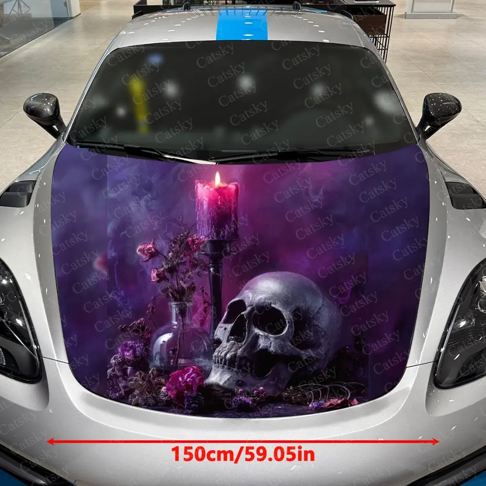 Purple Flame Skull Car Hood Sticker-Durable Vinyl Film, Splash Proof And Easy To Remove, Suitable For All Car Models-Car Parts G