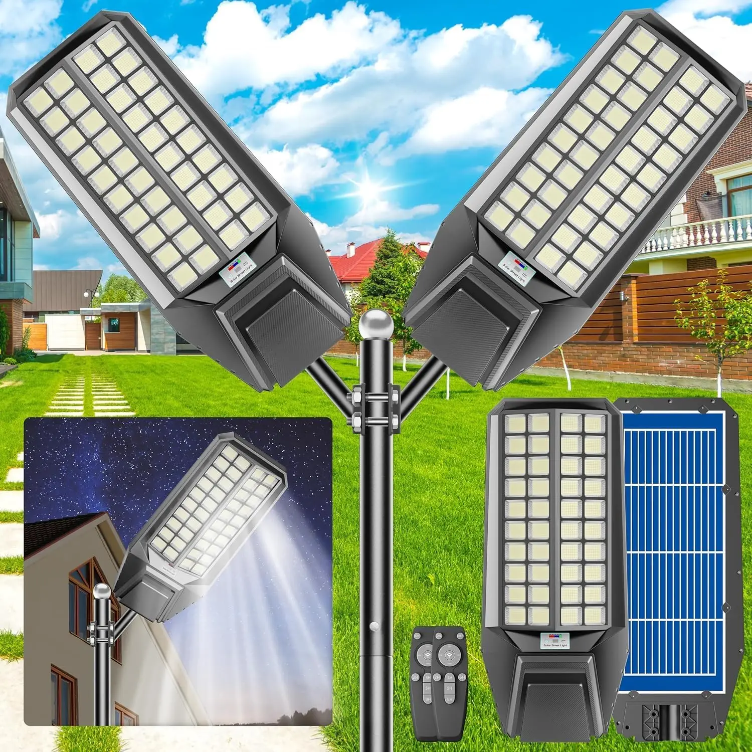 2-Pack 8000W Solar Street Light - 600000 Lumens, Dusk-to-Dawn, Waterproof, Ideal for Commercial & Outdoor Parking Lots