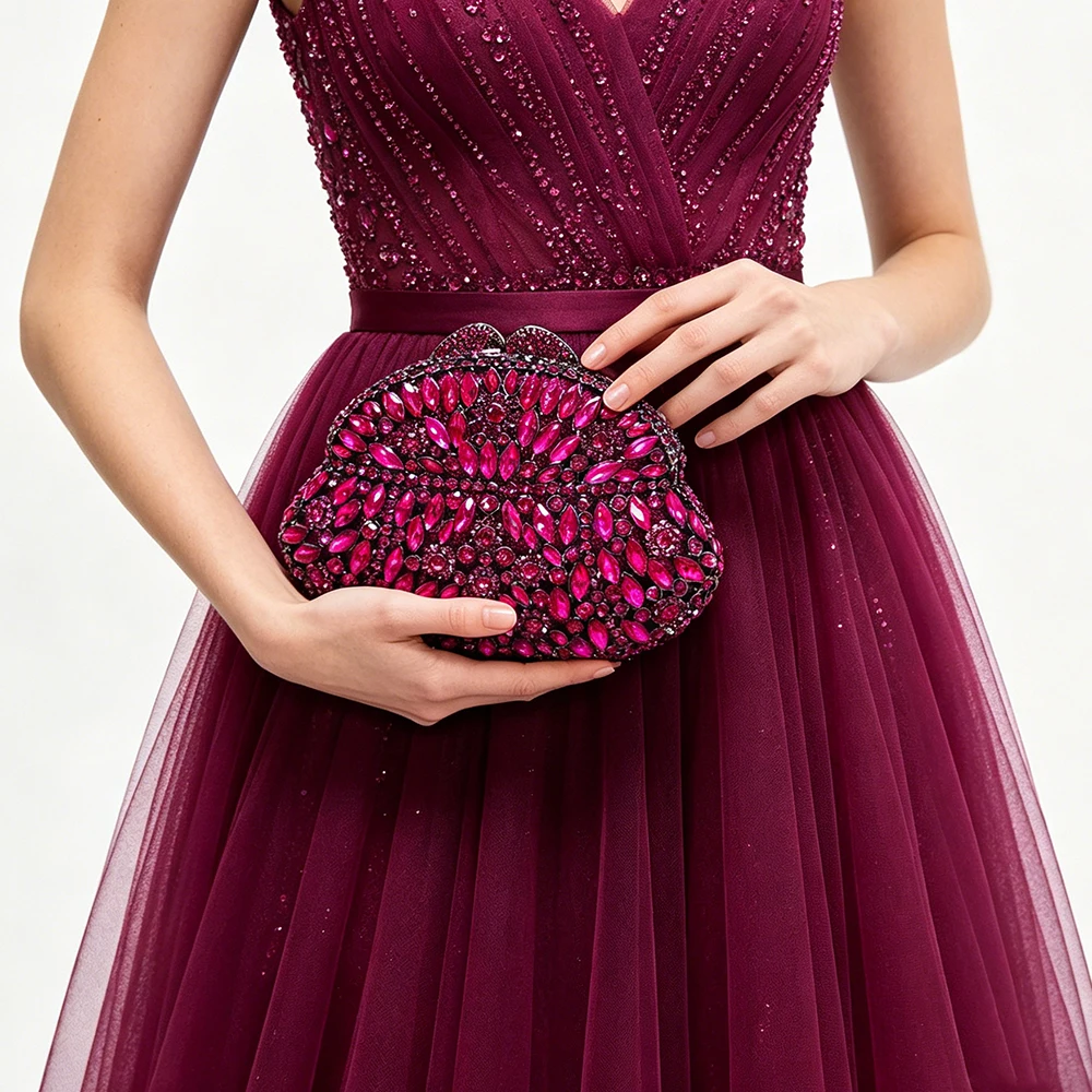 WHTUOHENG Bolso de mano de lujo con diamantes de imitación y cristales fucsia/verde, diseño floral, para fiesta nupcial, boda o graduación