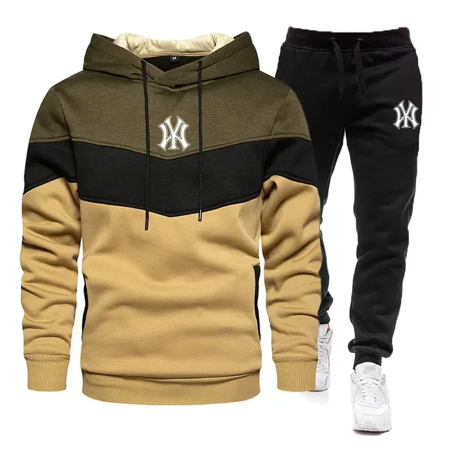 2025 Autumn/Winter Men's long-sleeved hoodie, pullover and jogging pants 2-piece outdoor high-quality casual fitness set