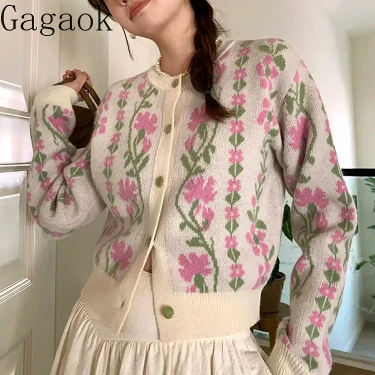 Gagaok Women Cardigan Korean Fashion Elegant Floral Jacquard Knitted Sweaters Coat Elegant Casual Round Neck Kawaii Sweater