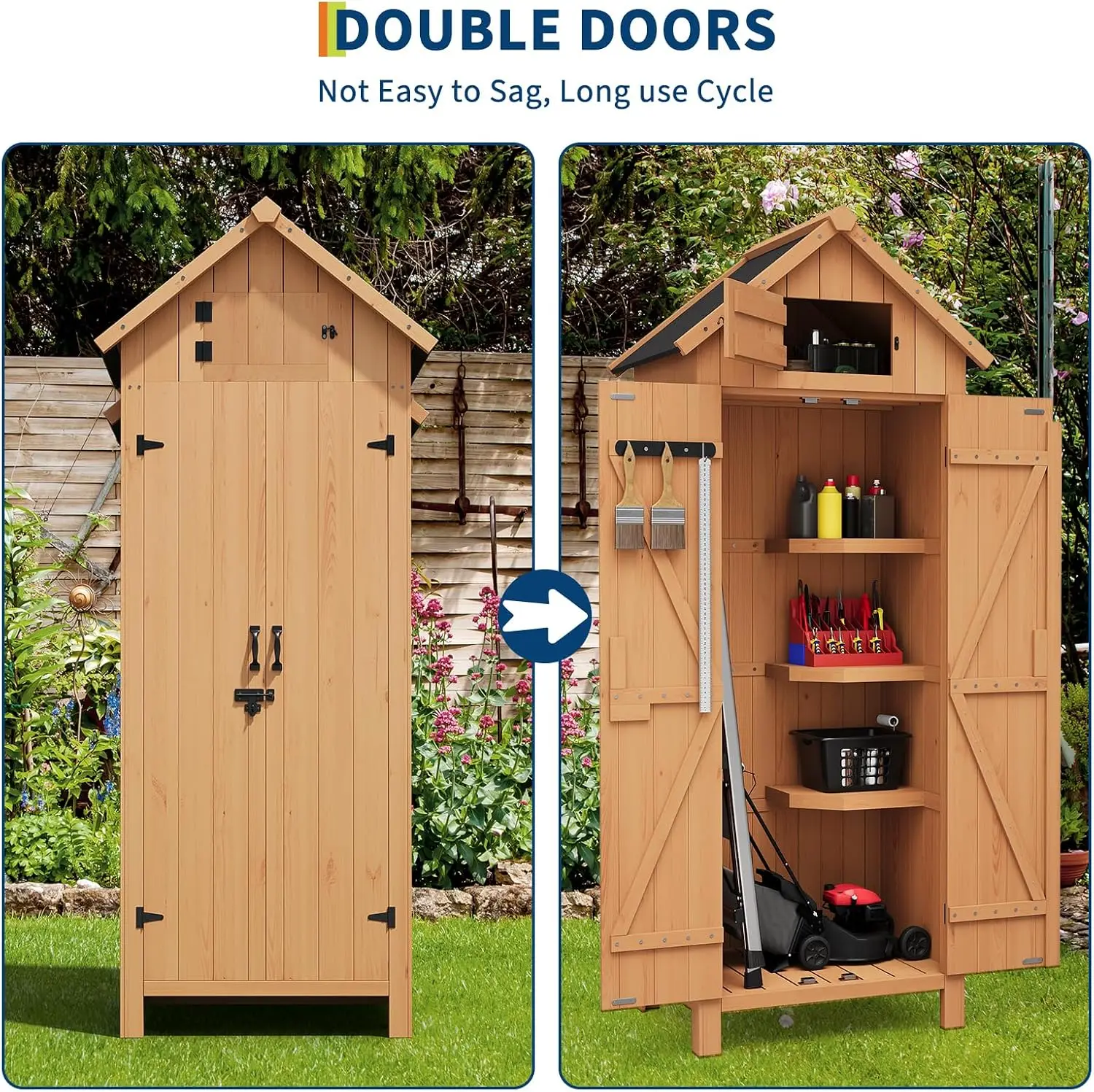 Wooden Outdoor Storage Cabinet Outside Tool Organizer Robust wooden panel build,functional double‑door entry,multi‑tier adjustable inner shelves for Backyard Balcony