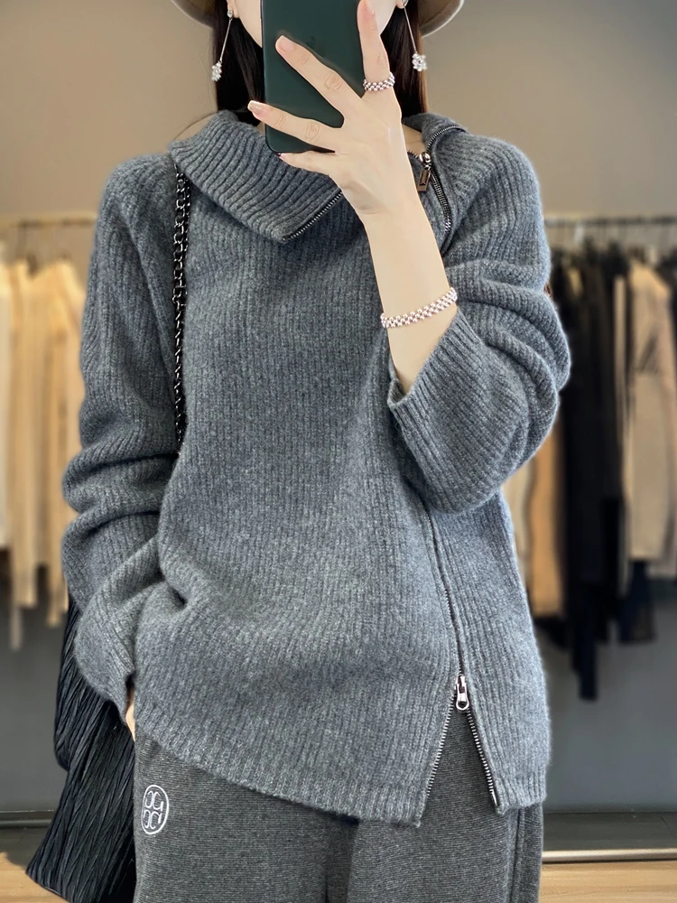 Women Turtleneck Zipper Cardigan Autumn Winter 100% Merino Wool Sweater Casual Thick Warm Cashmere Knitwear Korean Fashion Tops