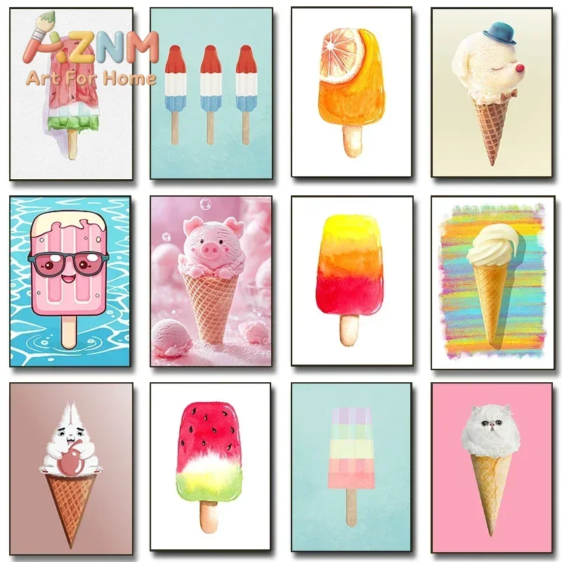 Minimalist Canvas Posters Summer Ice Cream Watercolor Pastel Popsicle Kids Prints Fashion Wall Art for Living Room Home Decor