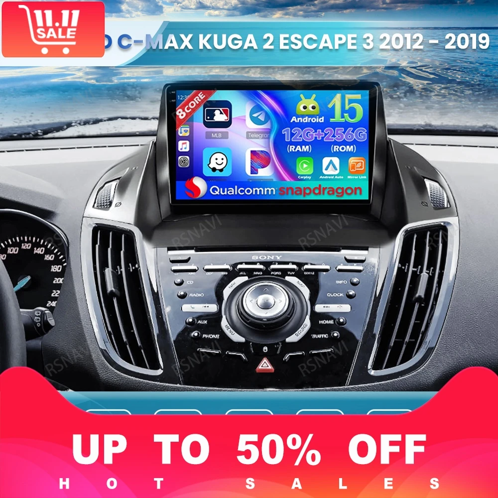 

Android 15 Car Radio For Ford C-MAX Kuga 2 Escape 3 2012 - 2019 Multimedia Wireless Carplay Auto Navigation BT QLED Qualcomm DSP