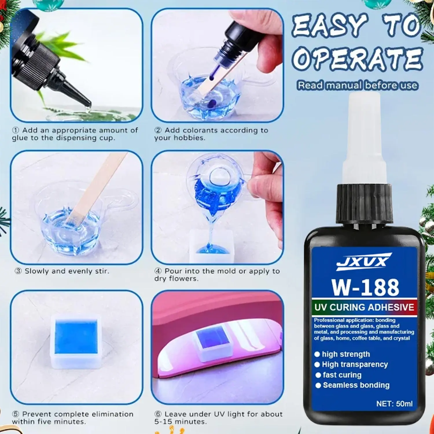 50 ml de pegamento de resina UV W188 para joyería DIY, resina epoxi para lámpara UV, alta transparencia, secado rápido, alta dureza, decoraciones navideñas, modelos DIY.