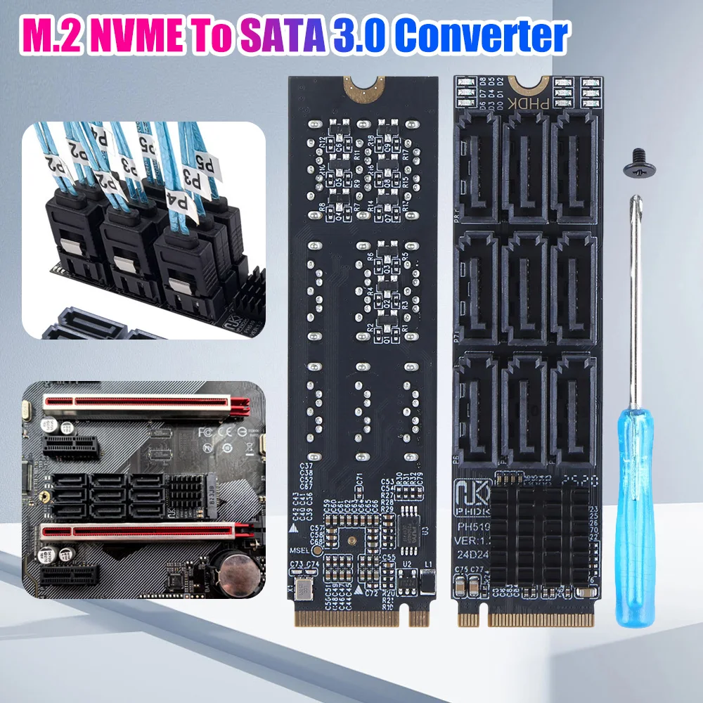 M.2 M KEY Nvme To 9 Ports SATA 3.0 Adapter 6Gbps M.2 To SATA 3.0 Riser Card PCIE 3.0 X2 Hard Disk Capacity for Desktop