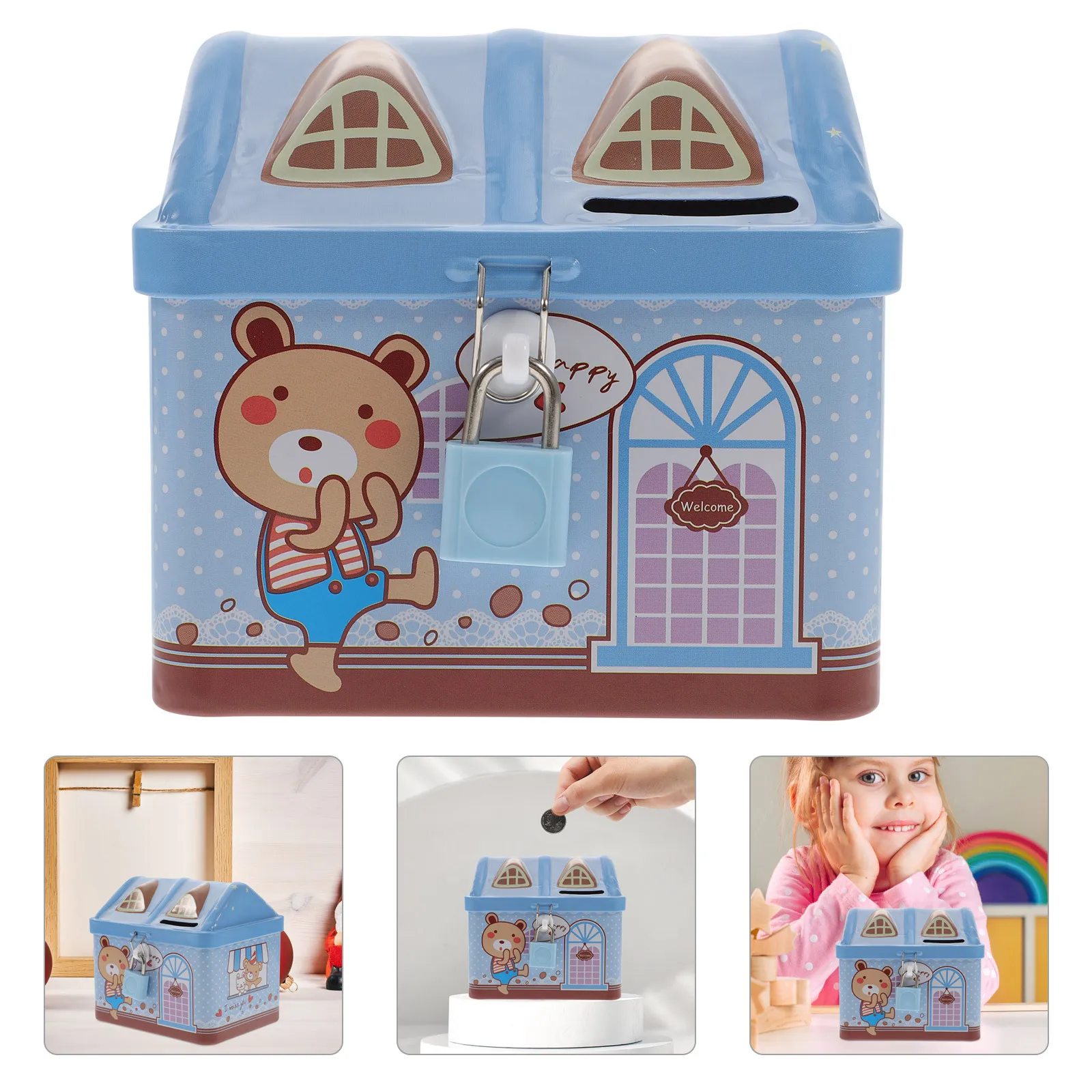 

Metal Cartoon House Piggy Bank Lockable Saving Pot Kids Money Jar Desktop Ornament Home Decoration Money Jar Lovely Piggy Bank