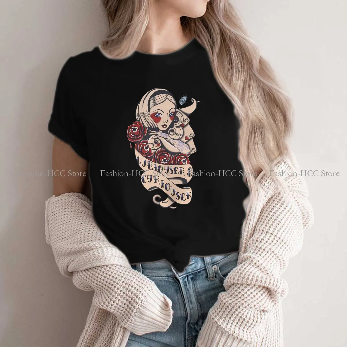 Curiouser Alice O Neck TShirt Rabbit Animal Pattern Original Polyester T Shirt Woman's Clothes Fashion