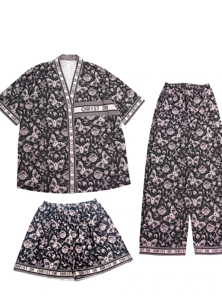 Summer Light Purple Printed 3-Piece Pajama Set Women 2024 New High-Quality Ice Silk V-Neck Top+Shorts+ Pants Thin Home Clothing