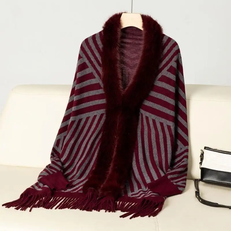 39BD Furry Collar Sweater Shawl Wrap for Women Knit Striped Ponchos Sleeve Shrug Sweater Cardigan Open Front Coverup