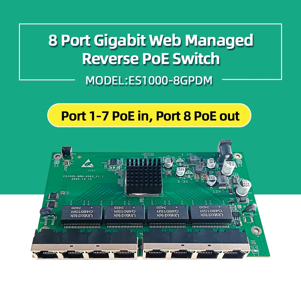 REALTEK New Upgrade 8 port reverse switch web managed poe PCBA vlan / IGMP/ SNMP /POE IN OFF