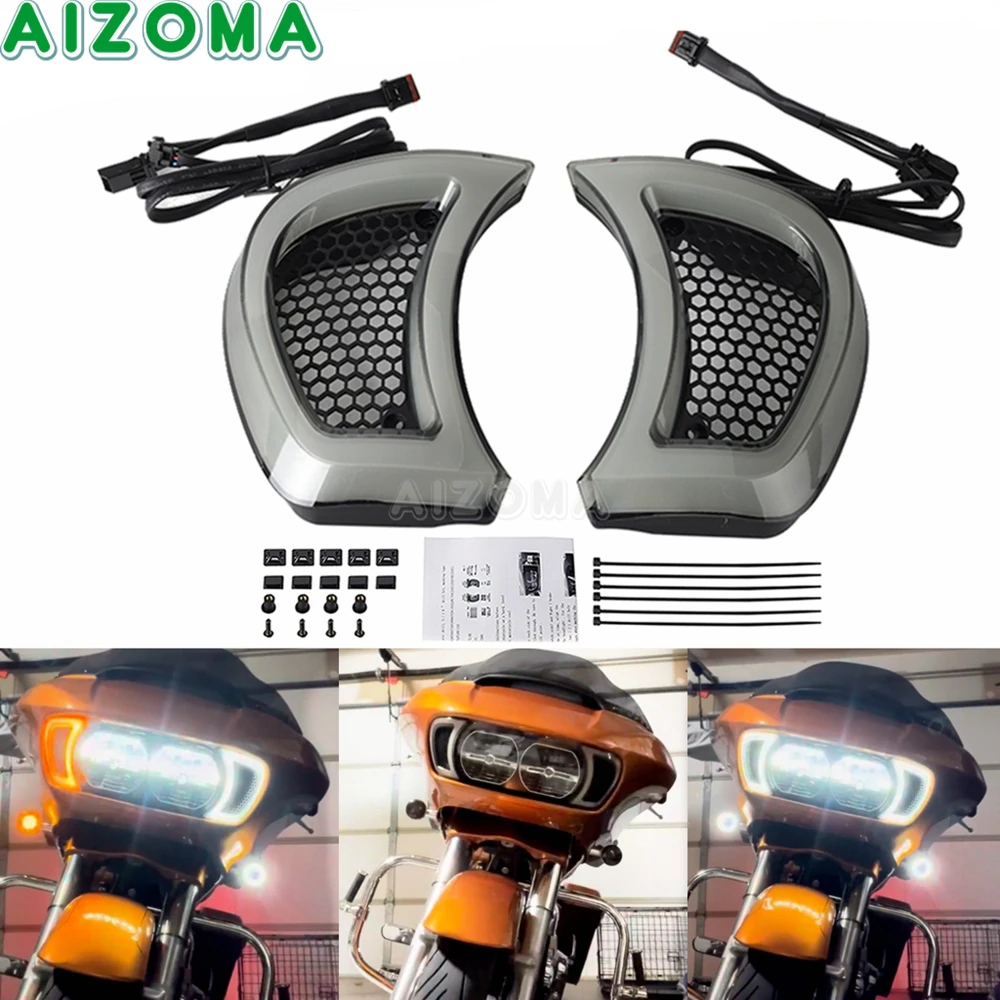 

Motorcycle LED Headlight Vent Accents Light For Harley Road Glide Headlamp Vent Amber Turn Signal Light White Running Lamp 15-Up