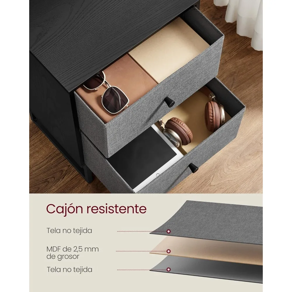 Juego De 2 Mesitas De Noche، Con 2 Cajones De Tela Extraíbles، Negro Ébano Y Gris Pizarra، Almacenamiento #3