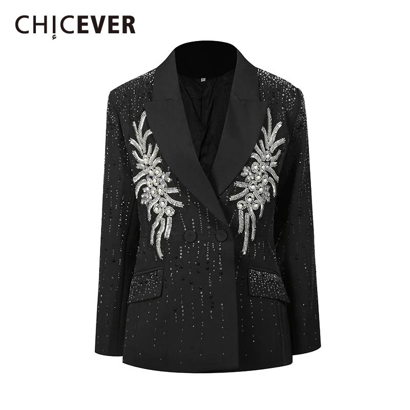 

CHICEVER Black Spliced Beading Jacket Female Lapel Long Sleeve Slimming Luxury Literary Women's Jackets Autumn Fashion New Style