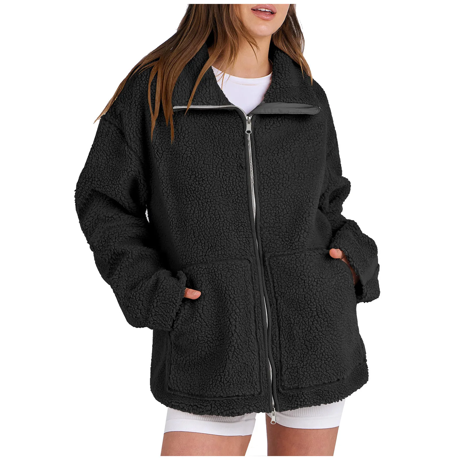 Warme Lammsamtjacke für Damen, modisch, einfarbig, lockerer Reißverschluss, Strickjacke, Jacke, Herbst und Winter, neue lässige Pendlerjacke