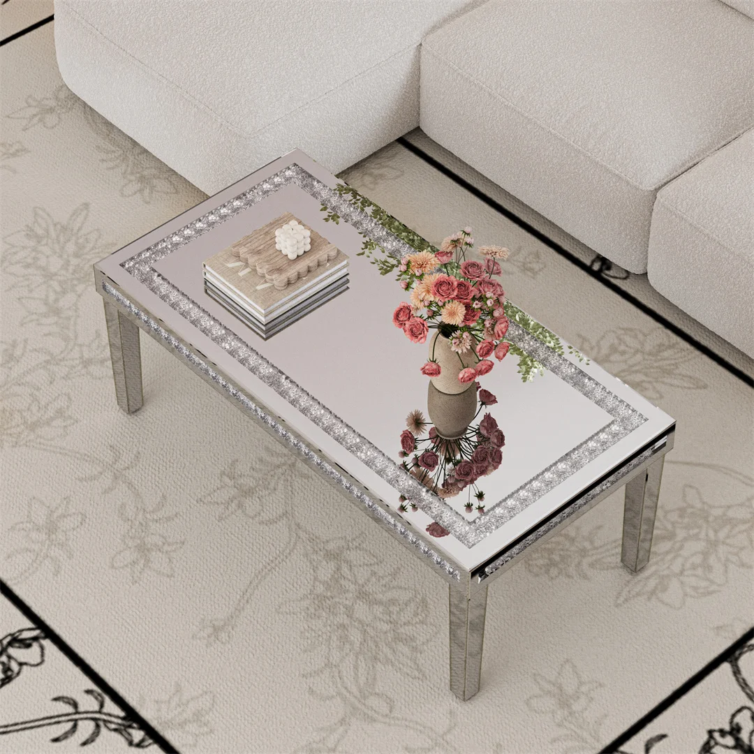 Luxury Modern Living Room Center Table Rectangle Mirrored Coffee Table with Crystal Diamonds Inlay
