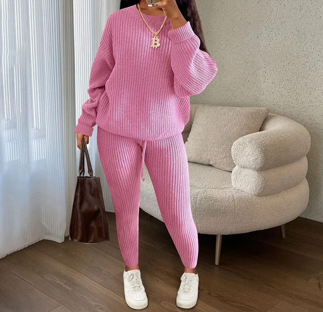 

Two Piece Sets Women Clothing 2024 Autumn/winter Fashion Casual Solid Round Neck Pullover Loose Pit Knitted Sweater Pants Suits