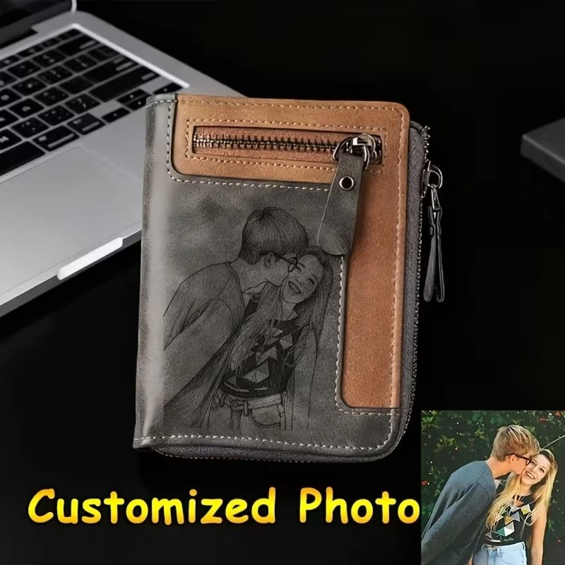 Custom Photo Retro Short Wallet, PU Leather with Zipper Coin Credit Card Holder for Daily Use, Ideal Gift for Family and Friends