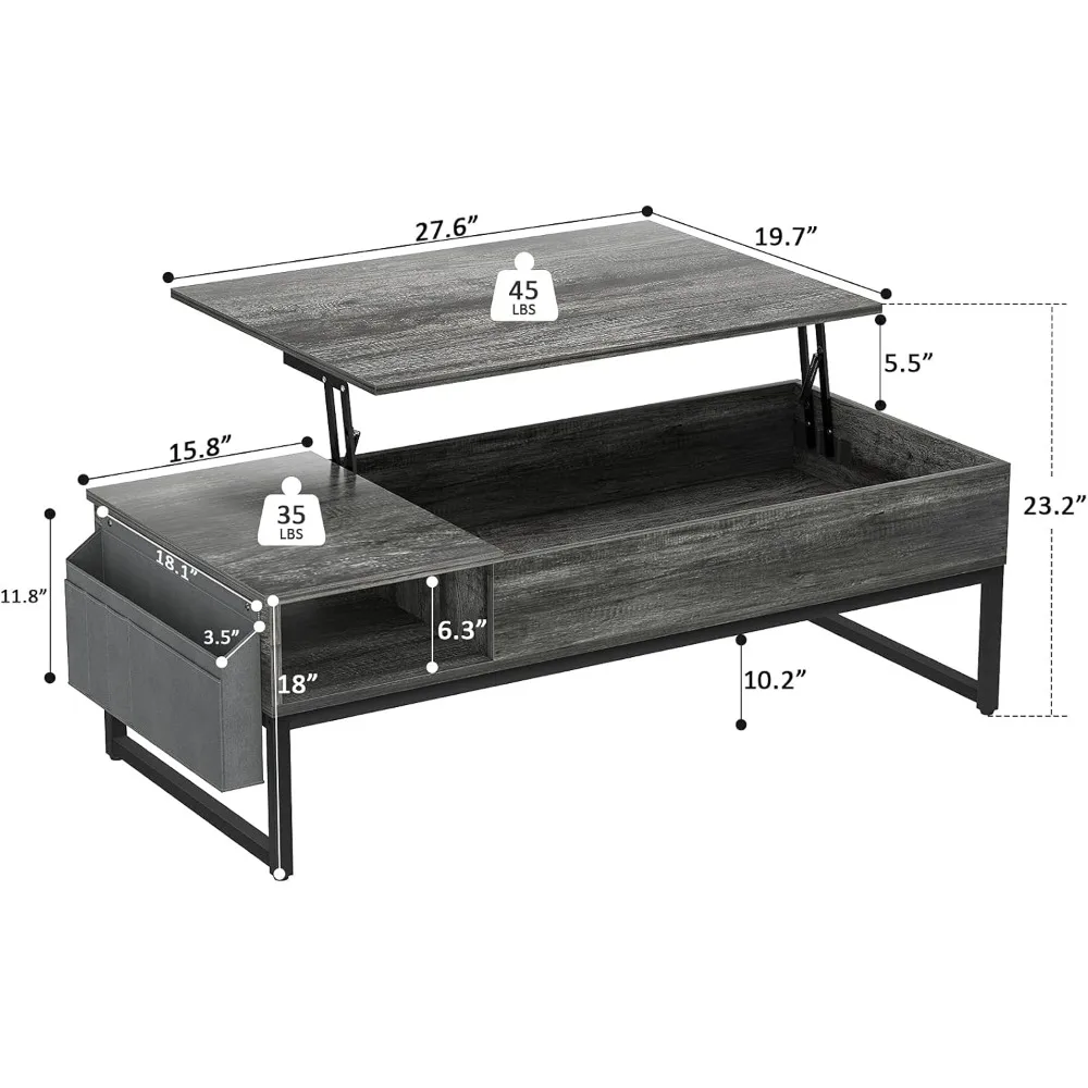 Mesa de centro elevadora con almacenamiento, mesa Central de madera con marco de Metal, mesa de 43,3 "con bolsa lateral para cóctel