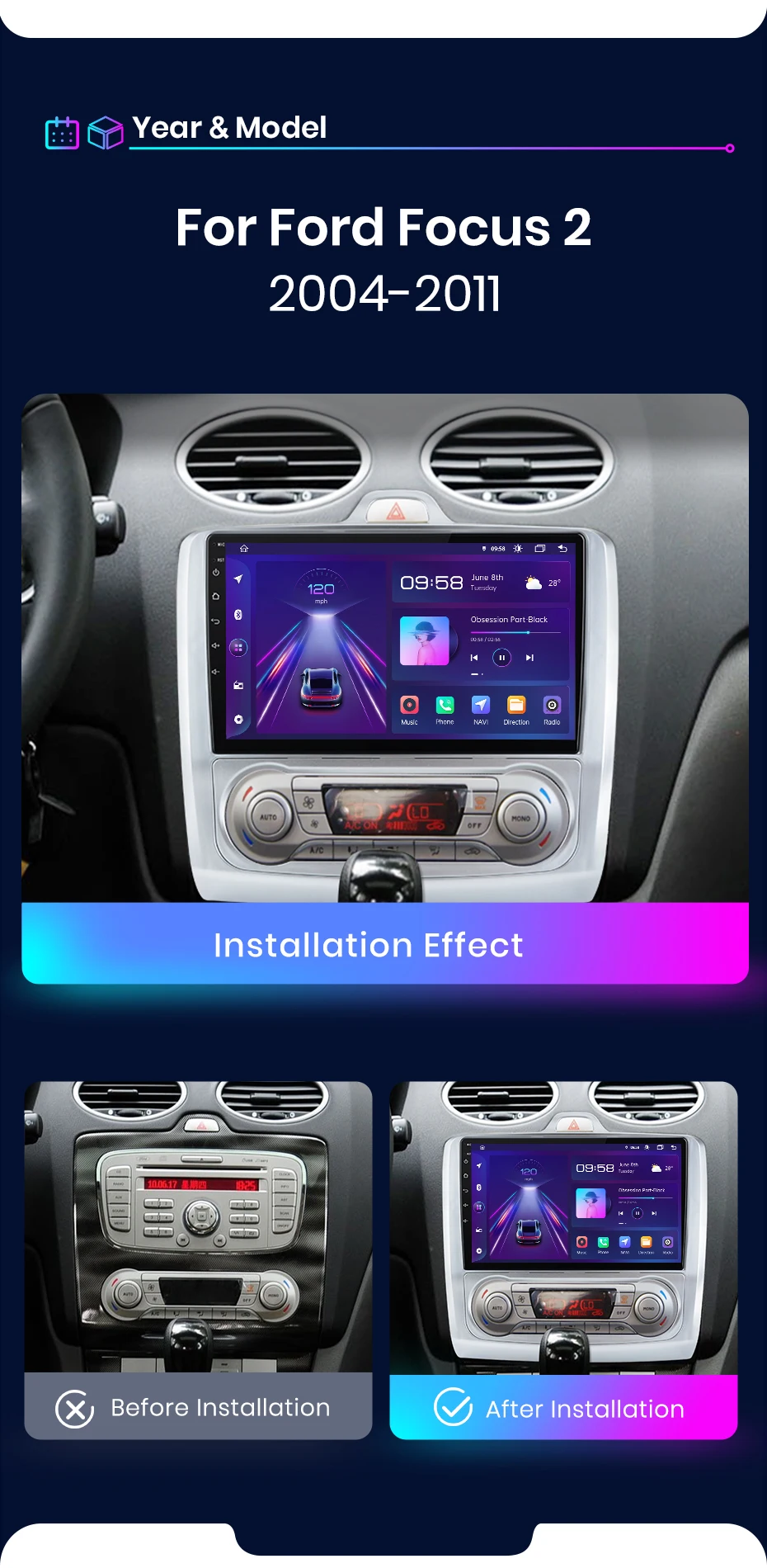 Junsun AI Wireless CarPlay für Apple Android 14 Auto Autoradio für Ford Focus 2 3 Mk2 Mk3 2004 2005-2011 Multimedia Navi Stereo – Detail 4