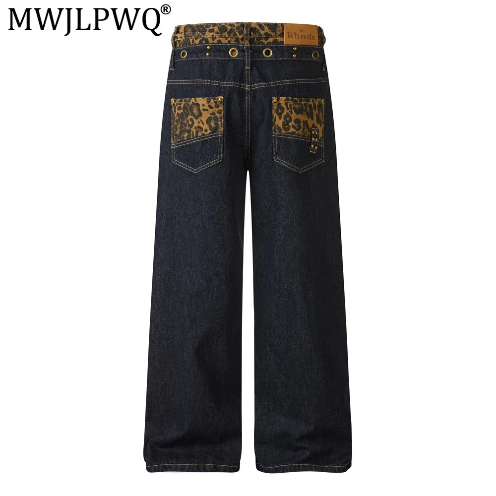 MWJLPWQ Men's Patchwork Leopard Print Denim Pants Unique Design Rivets Niche Style Wide-Leg Straight-Leg Cut Trousers 17734