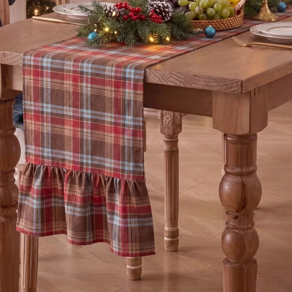 Double Ended Lotus Leaf Edge Christmas Table Runner Washable Checkered Plaid Table Runner Vintage Rustic Style