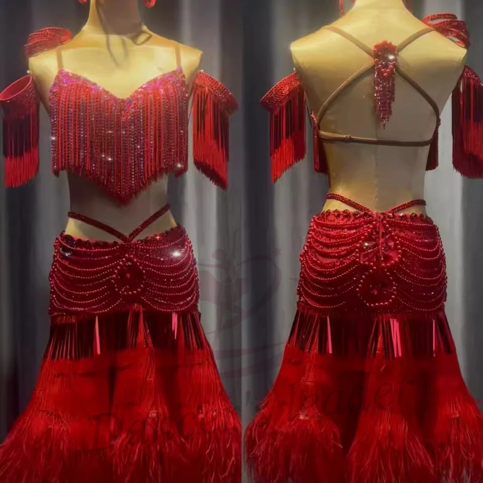 Latin Dance Adult And Children'S Dress AB Stone High-End Custom Large Swing Split Plush Skirt Tango Women'S Clothing