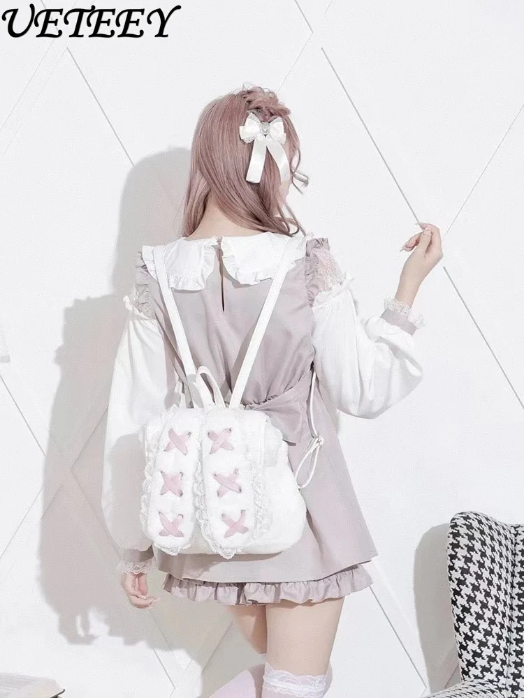 Japanese Sweet and Cute Girls Lace Schoolbag Mine Series Mass Production Furry Rabbit Ears Kawaii Strap Backpack Bags