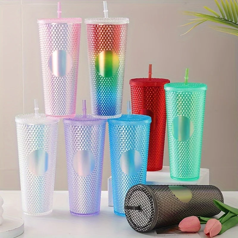 LUSQI 710ml Studded Texture Plastic Water Cup Portable Leakproof Tumbler With Lid Straw For Outdoor Travel Large Capacity