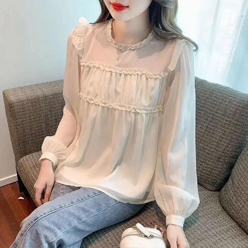 여성 캐주얼 올매치 단색 라운드넥 쉬폰 셔츠, 한국 폴드 접합 긴팔 블라우스, 가을 여성 의류