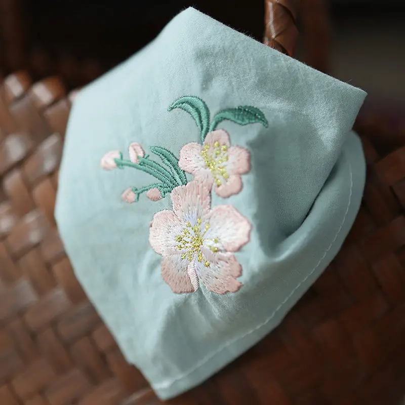 Chinese Style Peach Blossom Embroidered Lightweight One Layer Cotton Handkerchief Pocket Square For Women Men Lucky Blessed Gift