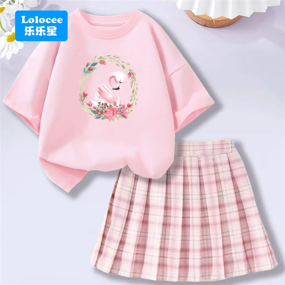 Conjunto de flamenco floral para niños de Lolocee, camiseta de algodón de manga corta de verano + falda a cuadros, conjunto de 2 piezas, traje de ropa de moda