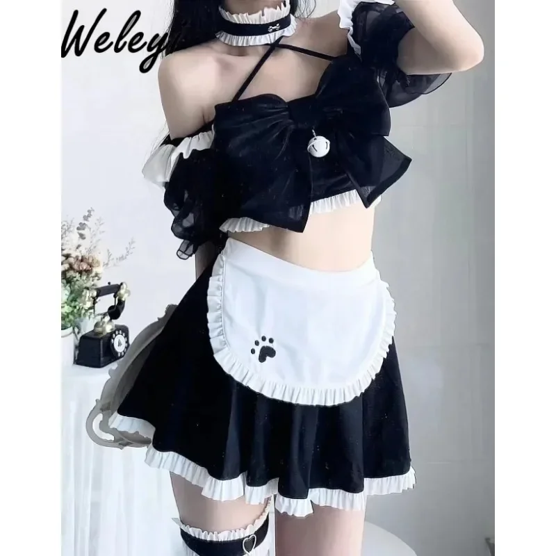 Jirai Kei Lolita Swimsuit Sweet Women\'s Clothing 2024 Summer Cute Maid Beach Yarn Top Bow Black White Two Piece Fashion Swimwear