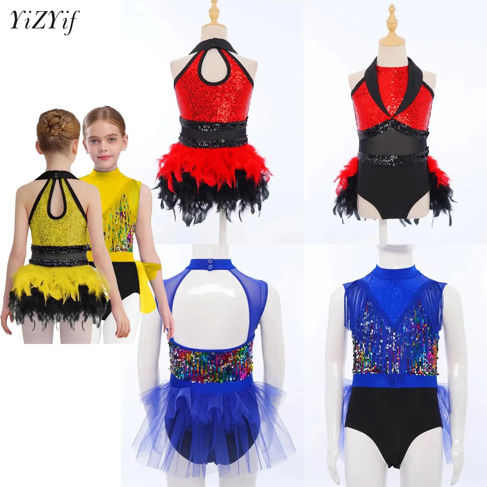 

Kids Girl Ballet Dance Leotard Tutu Jazz Latin Figure Skating Gymnastics Stage Performance Dancewear Sleeveless Feather Jumpsuit