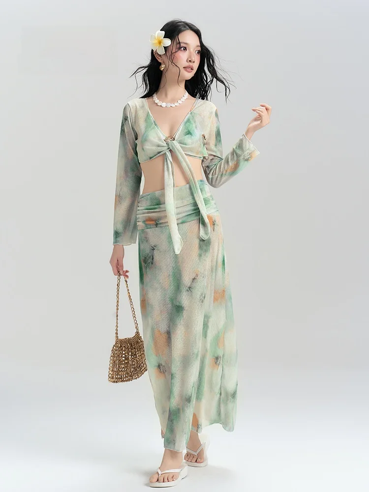 

Комплект бикини Vaion Sle V-Ne Long Sve Tee-Piece с термопринтом, завязками на талии и вставками для груди, длинный, для термальных источников