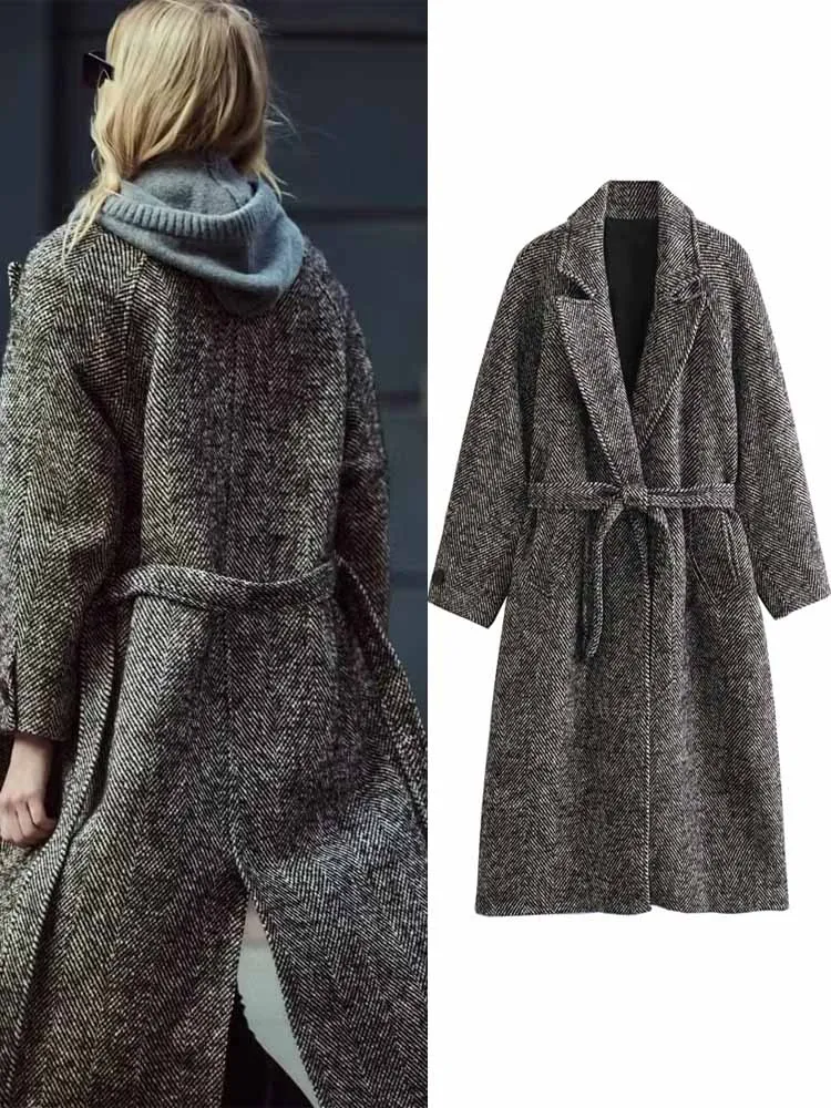 

HXAO Women's long coat striped Tweed jacket Wool blend coats autumn winter cashmere coat female woolen loose casual outerwears