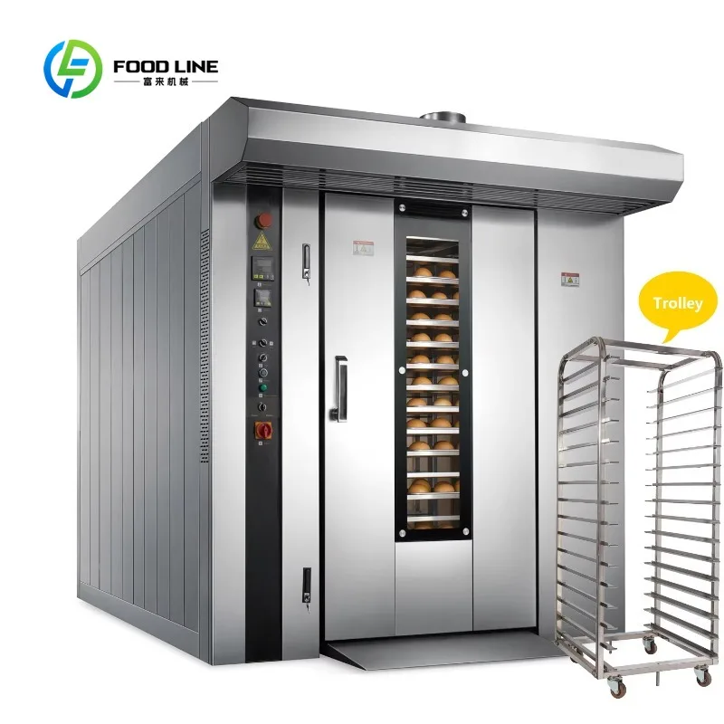 Customized Industrial Hot Air Rotary Baking Oven with Stainless Steel Trolley Rack, 5-15 Pan Bread Pastry Machine