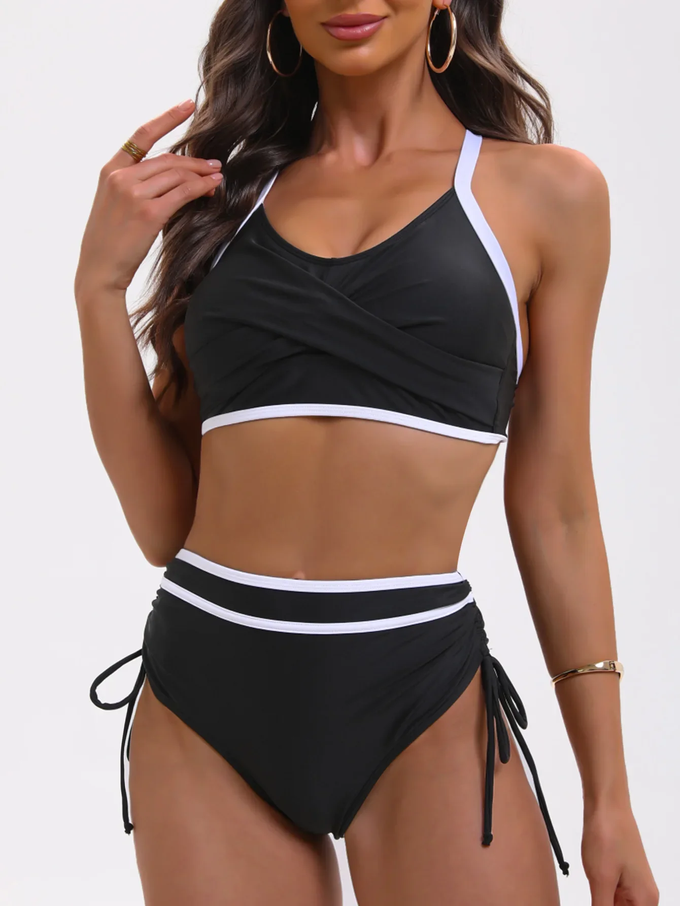 

Vintage Drawstring Side High Waist Bikini Swimwear Women Black Patchwork Cross Push Up Bandage Cross Bathing Suit Swimsuit 2025