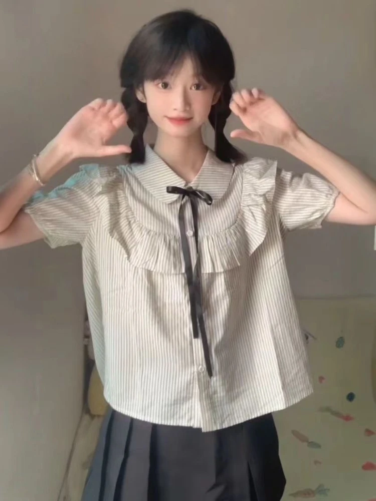 

Shirts Women Preppy Style Chic Summer Sweet Striped Trendy High Street Mujer Blusas Casual Short Sleeve Simple Cute All-match