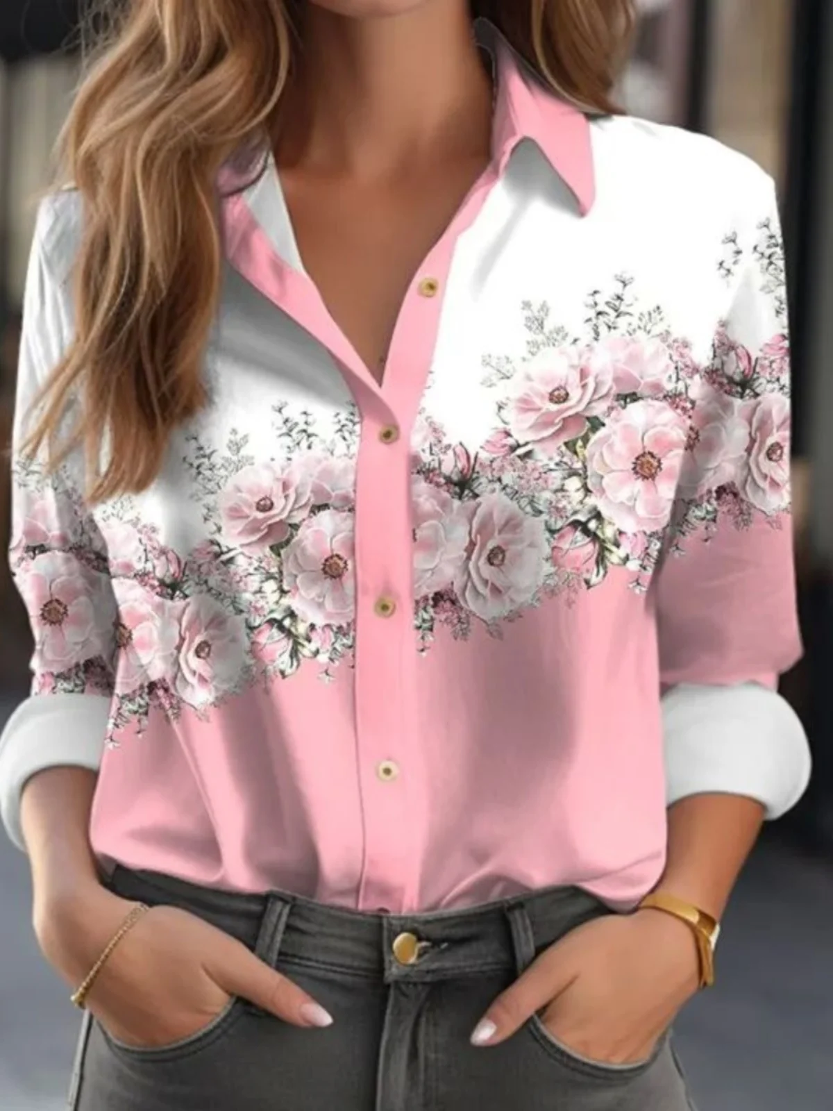 Casual estampado floral largo Sve irt cuello vuelto Street Sle mujer primavera Faion corte recto otro material 00%