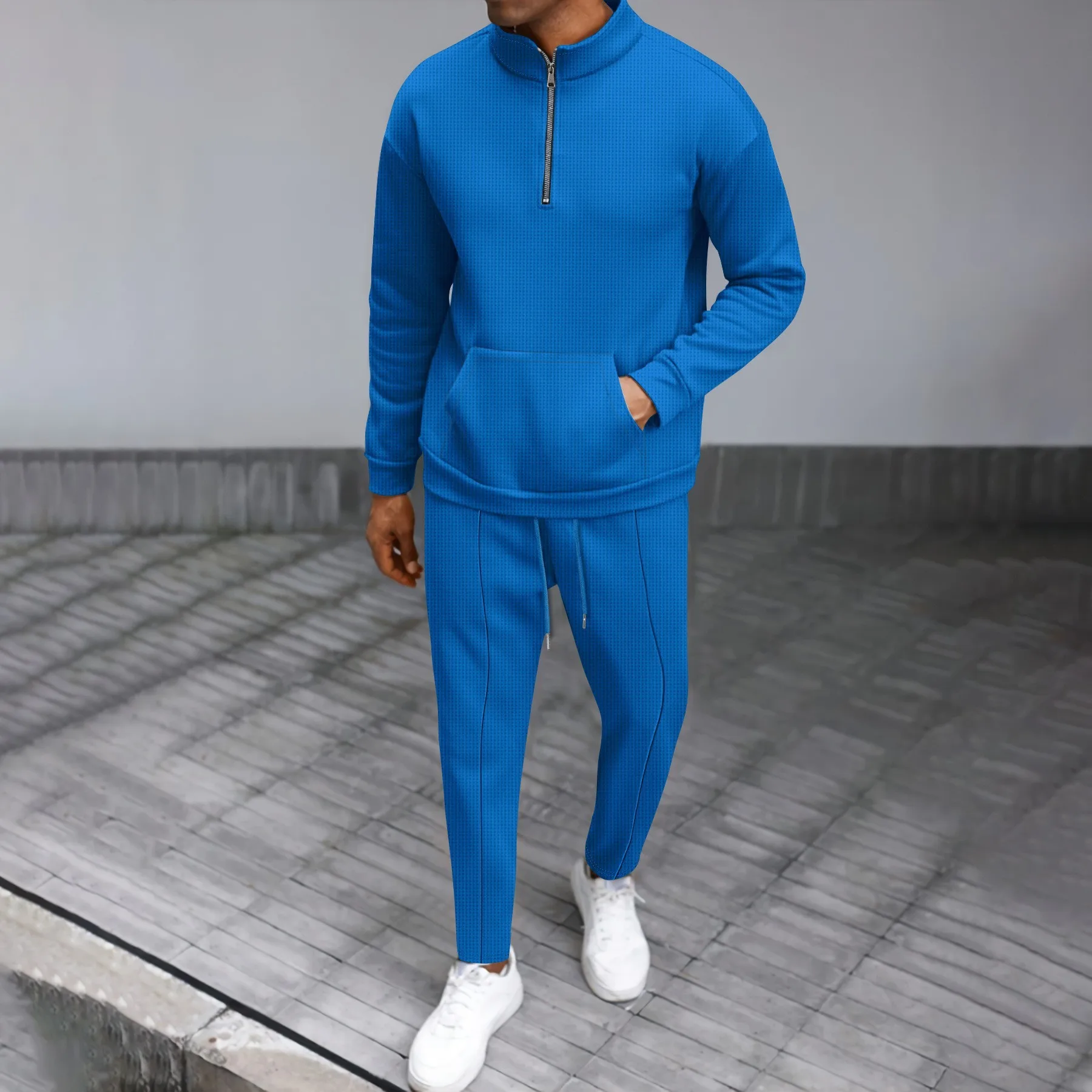 

2024 Cross-border Amazon men's fall new Waffle collar half zip pocket long sleeve hoodie pant casual suit