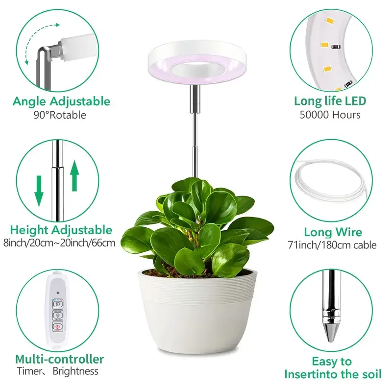Adjustable LED Grow Light 2/4/8H On/Off Timer Full Spectrum Desk Lamp for Indoor Plants Height Adjustable Garden Decor