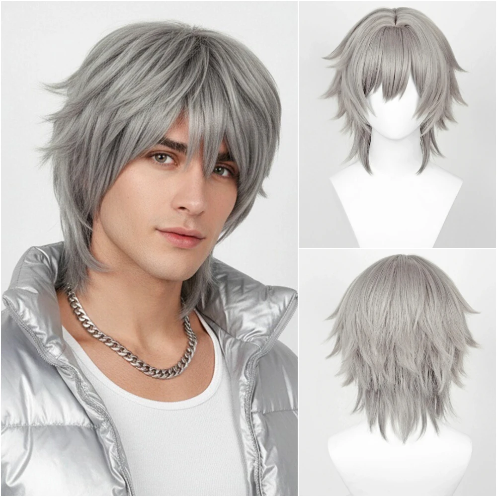 

Синтетический короткий прямой серый парик аниме, косплей, игра, аниме, мужской пушистый термостойкий парик для повседневной вечеринки