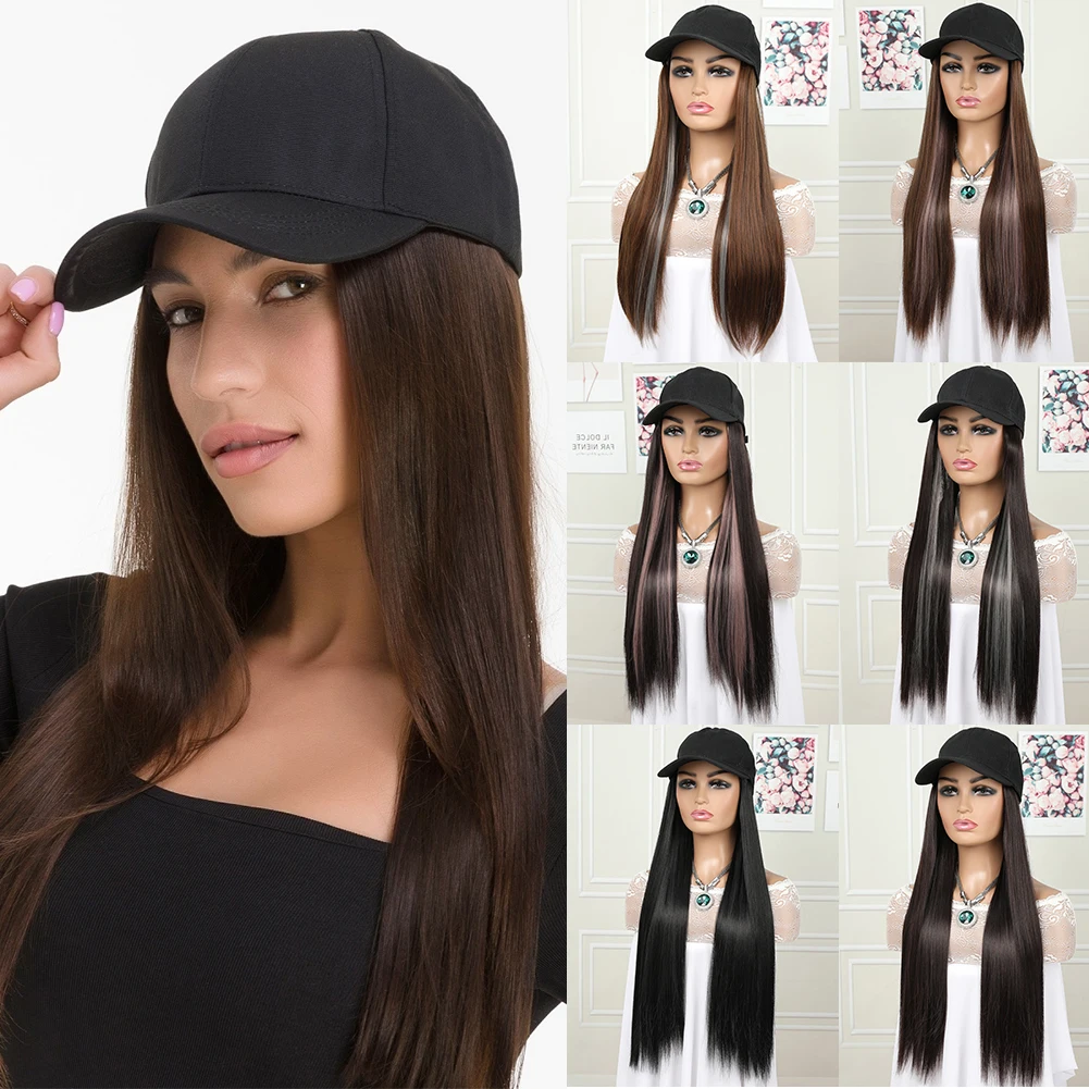 Long Straight Baseball Cap with Hair Extensions Hat Wig 24 Inch High Quality Synthetic fiber Adjustable Wig Hat for Women Girls